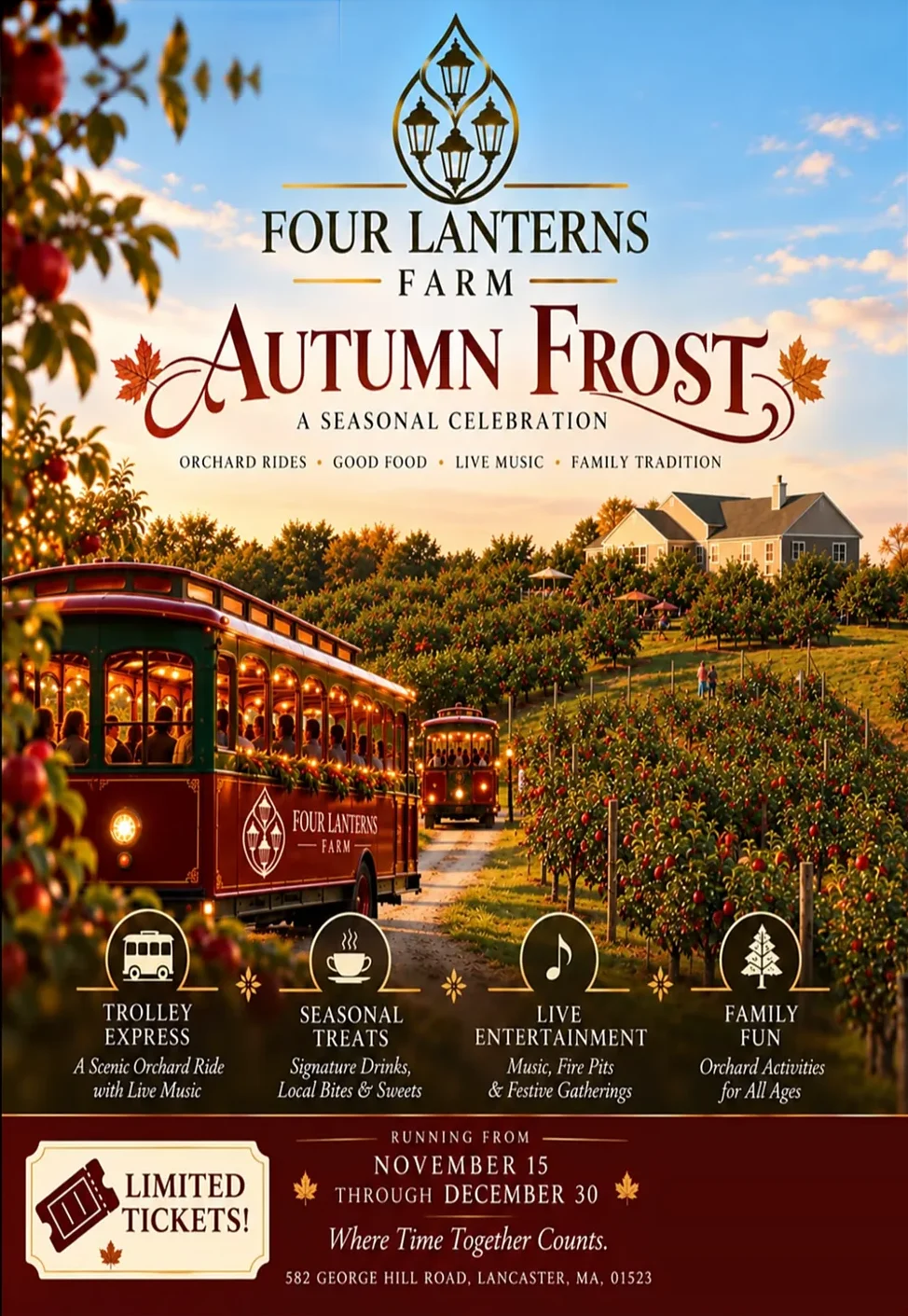 Autumn Frost Ride and Jam event poster with vintage trolleys in an apple orchard
